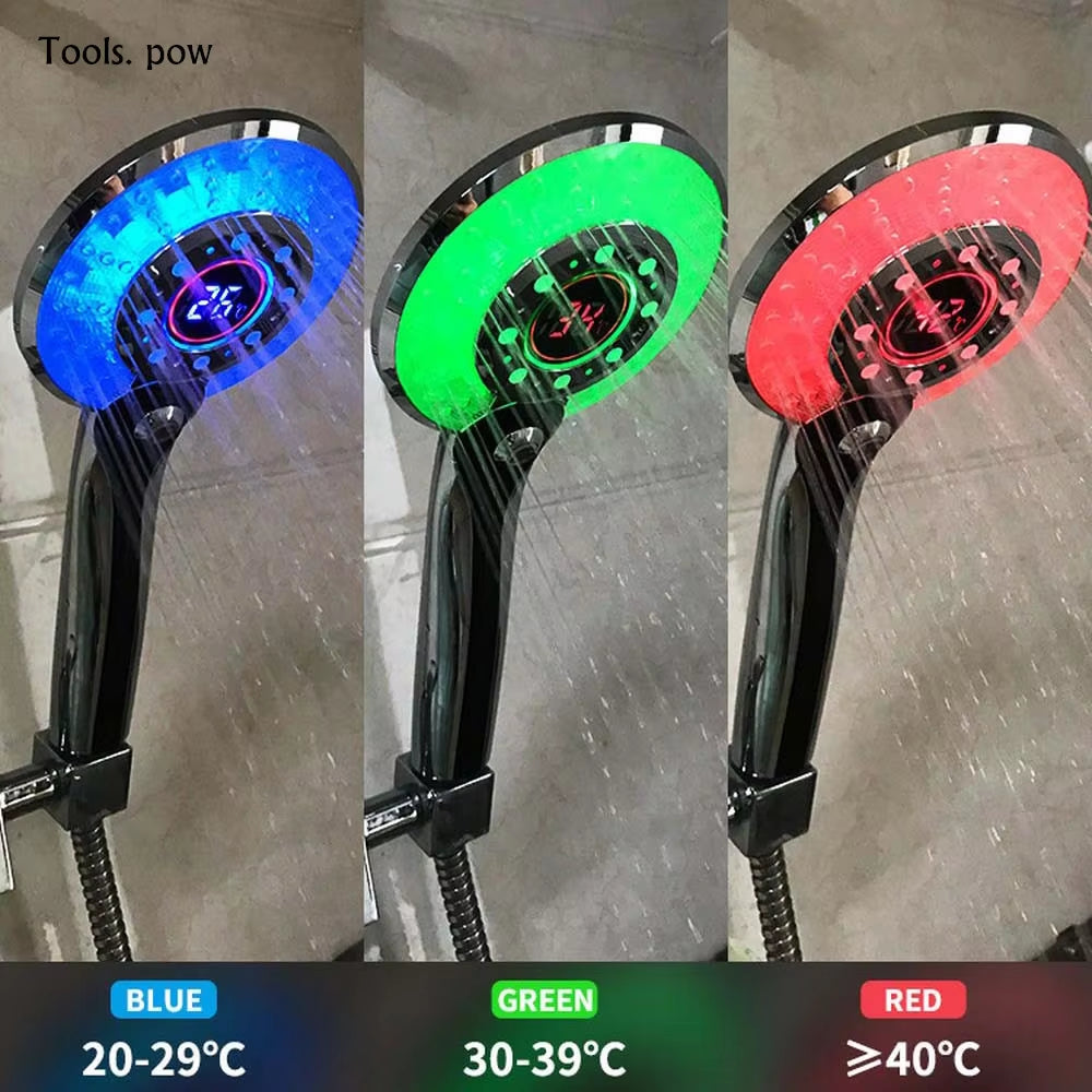 Pommeau douche LED chromé – affichage température numérique jet pluie
