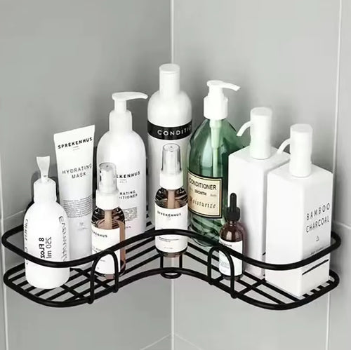 Étagère angle douche triangulaire noire – support mural pour shampoing et accessoires
