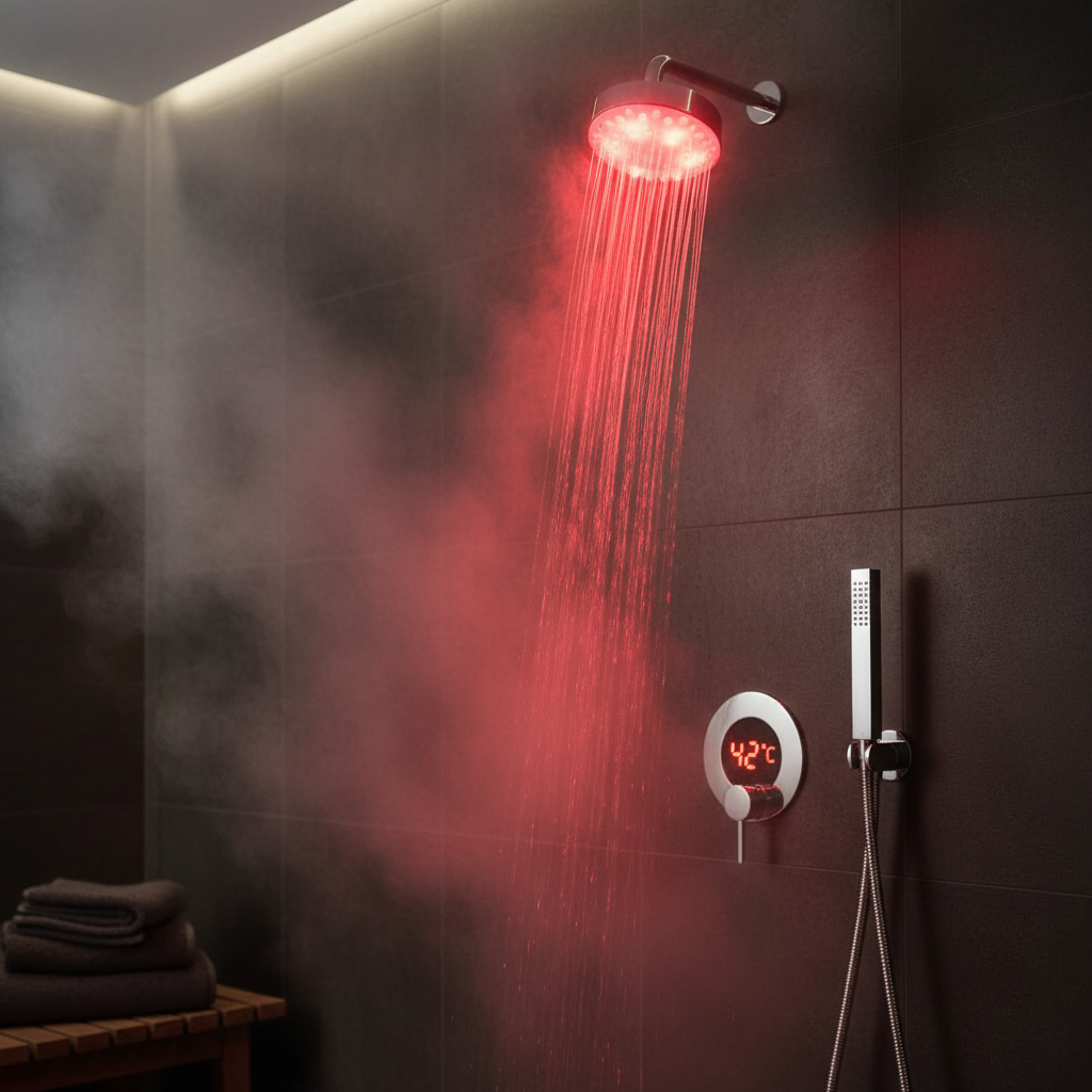 Pommeau de douche LED rouge lumineux chaud – affichage température 42°C
