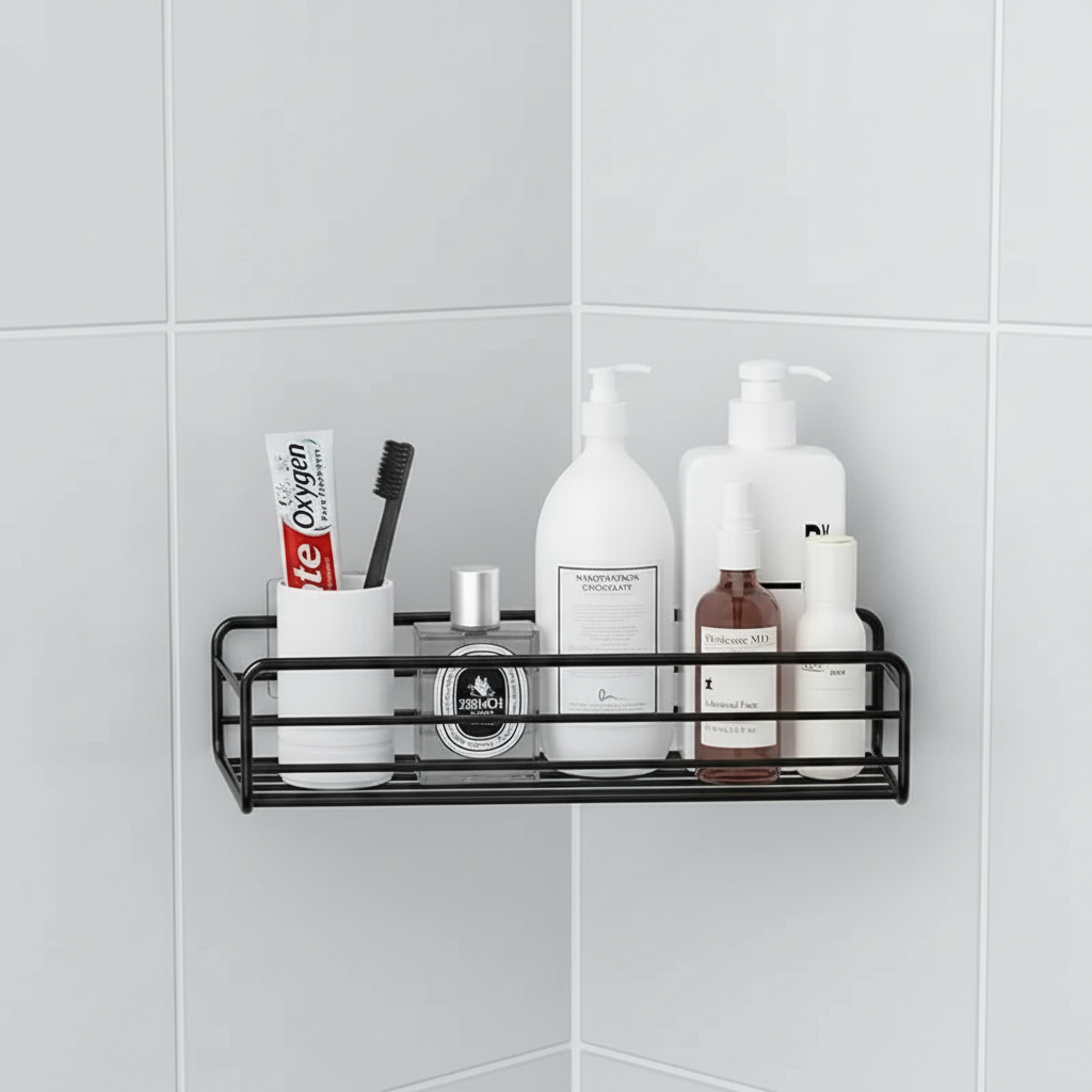 Étagère d'angle de douche sans perçage auto-adhésif – rangement salle de bain noir

