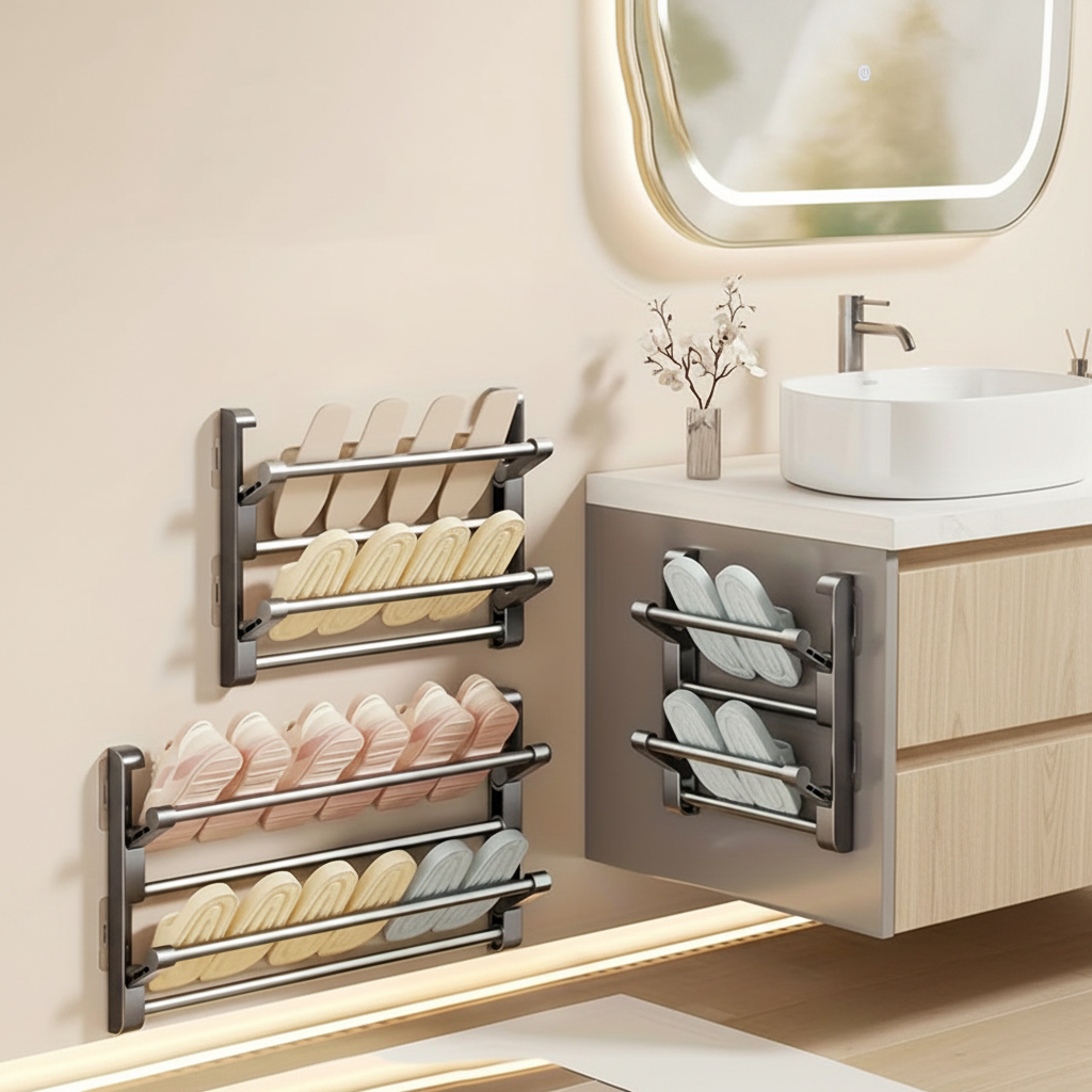 Étagère murale à chaussures pliable sans perçage – rangement pantoufles salle de bain
